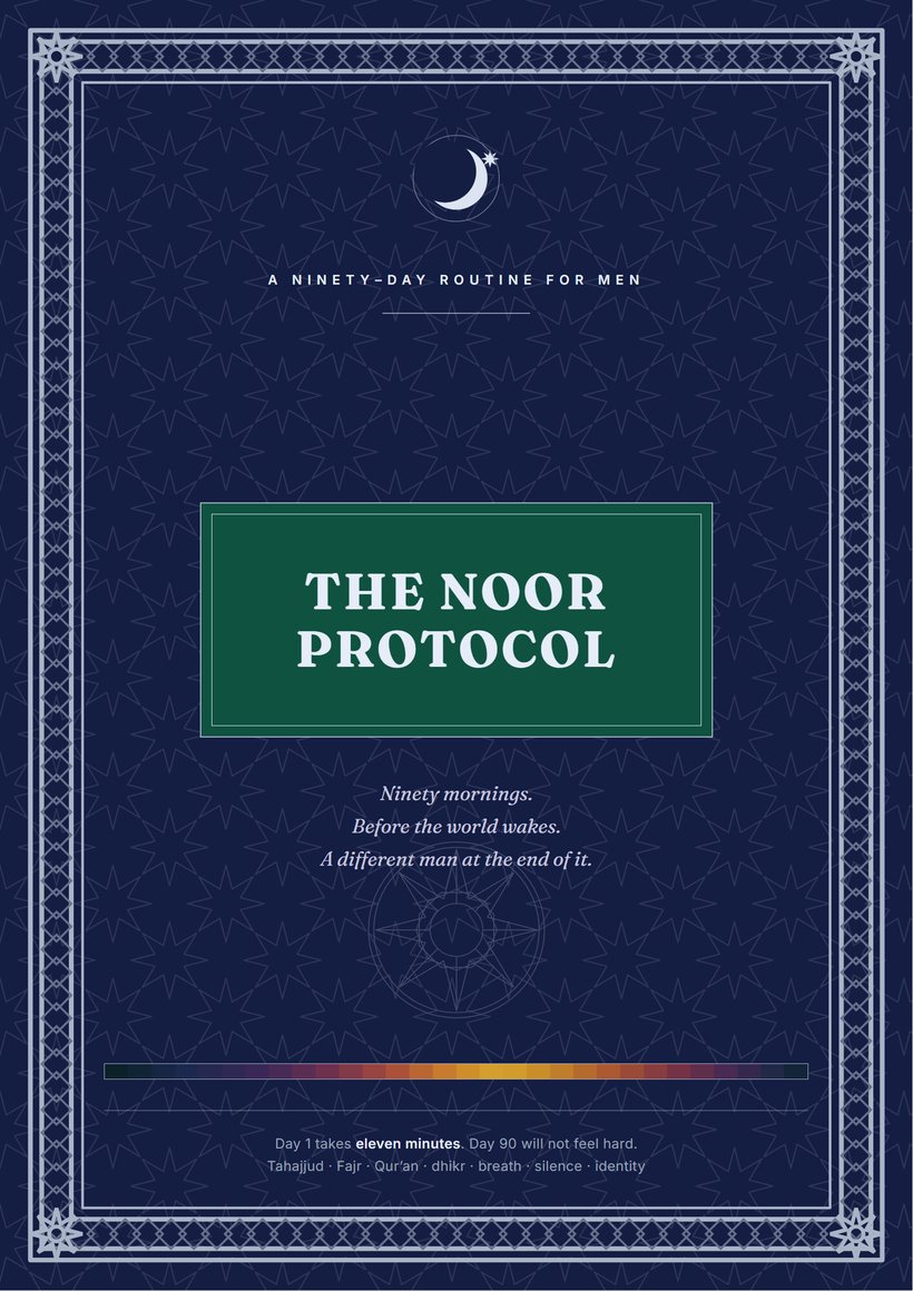 The Noor Protocol: a deep lapis cover with a silver interlace border and an emerald title panel